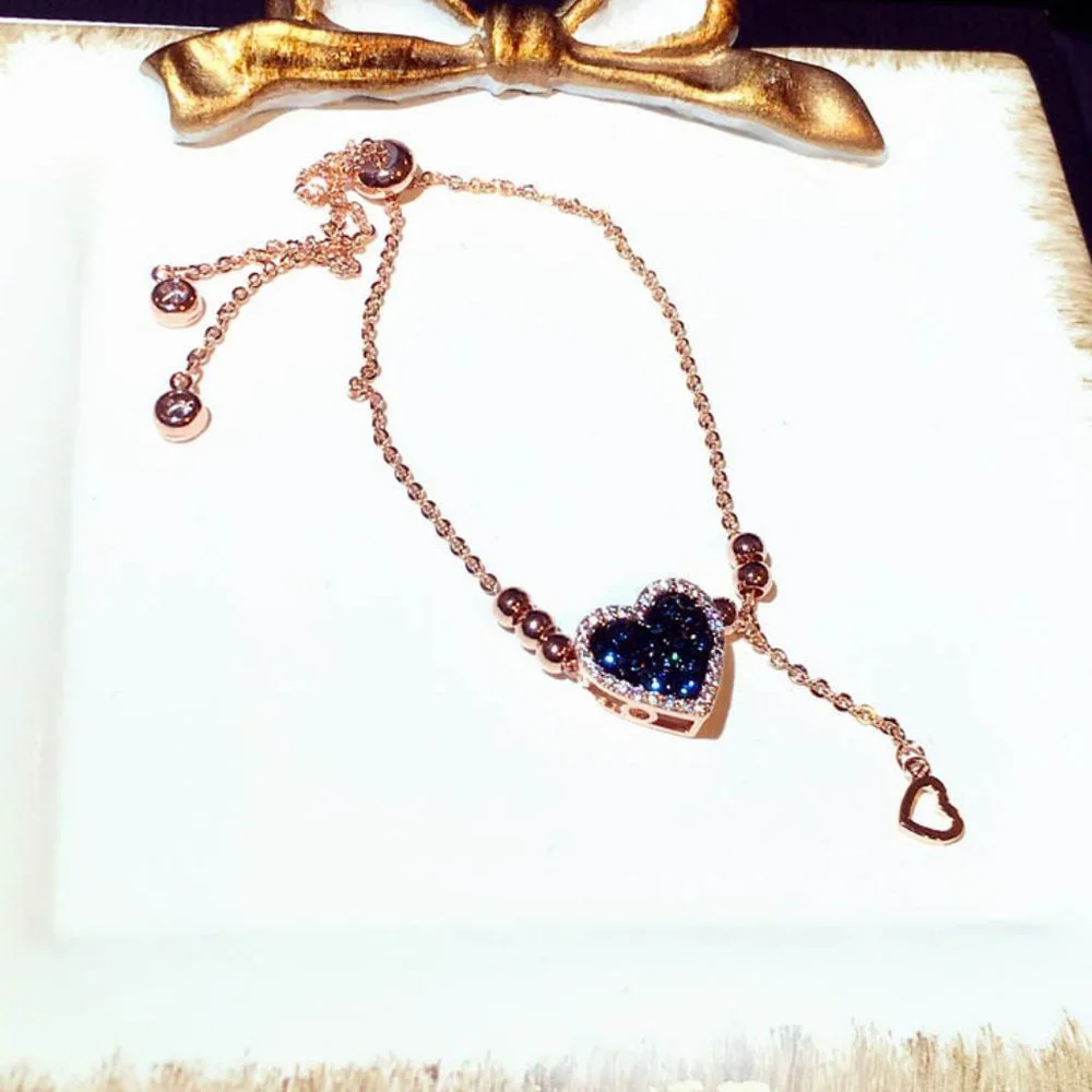 New Rose Gold Plated Blue Heart Drop Halo Bead Bracelet - Picture 6 of 7